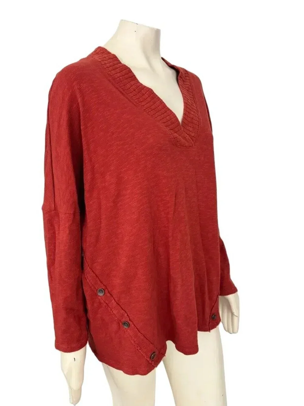CHALET Slub Cotton Asymmetric Button Lagenlook Dolman Sweater Red Orange SZ L